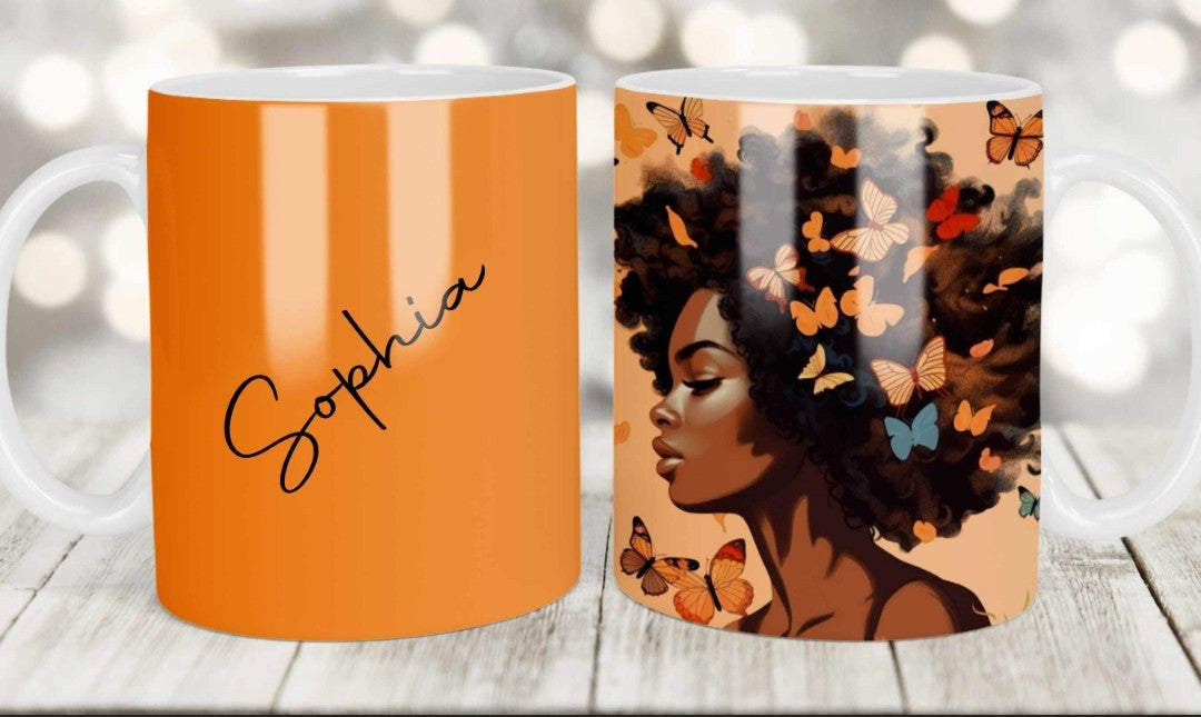 Personalized Beautiful African American Woman Mug with Name and Matching Coaster