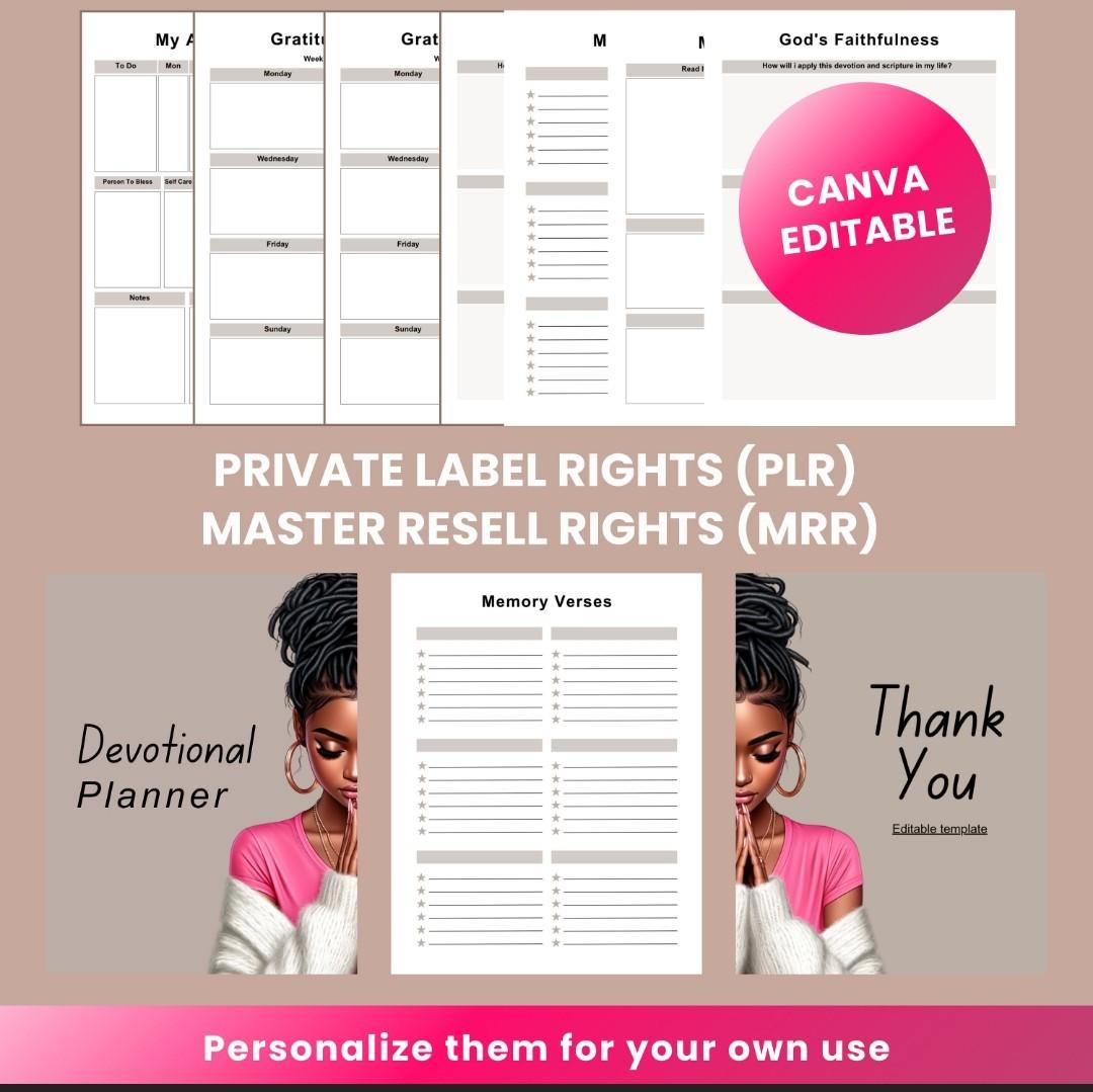 PLR MRR Prayer Journal & Prayer Planner Bundle | Bible Study | Ebook template Canva | Black Girl | African American Woman | Resell rights