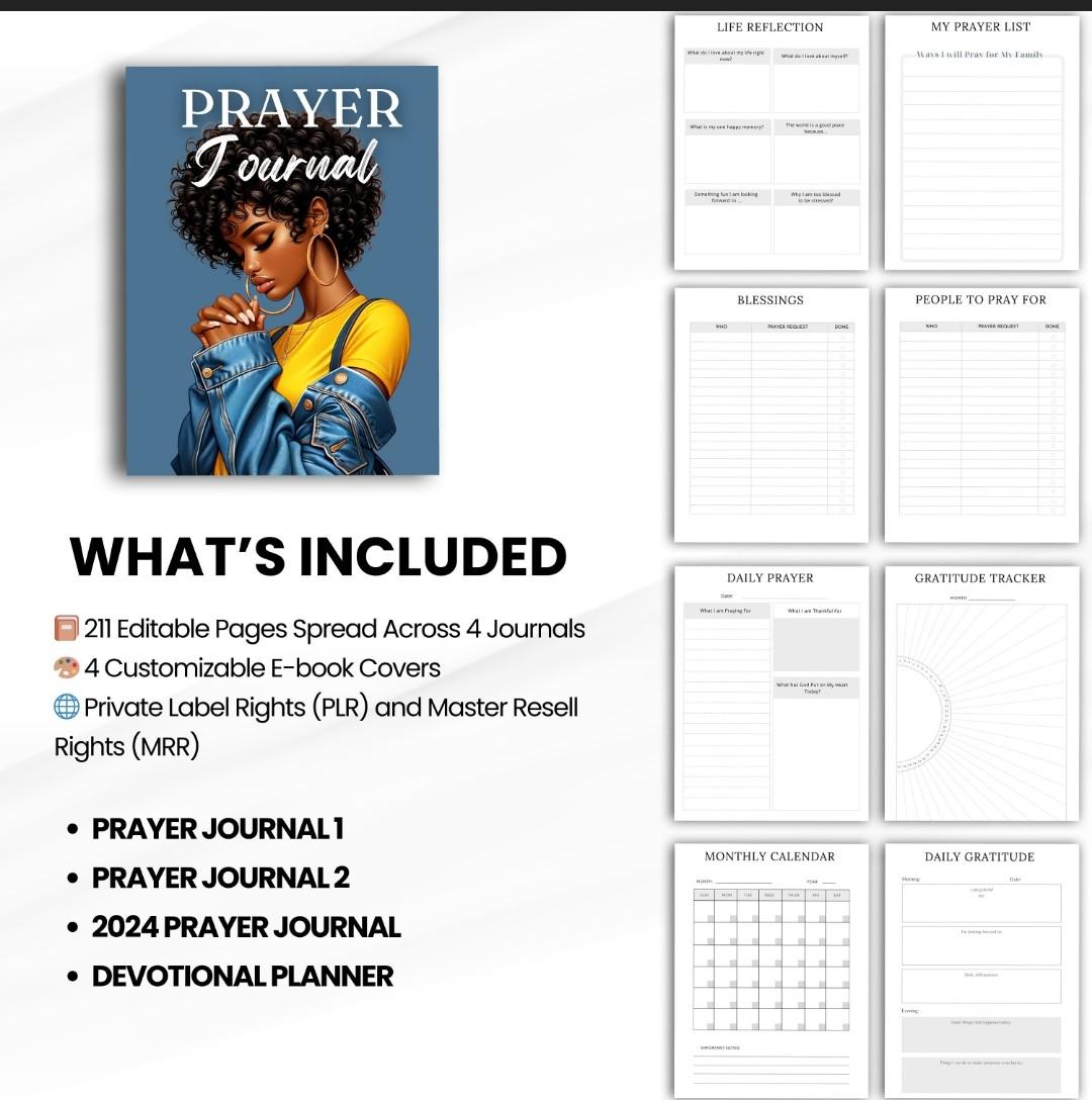 PLR MRR Prayer Journal & Prayer Planner Bundle | Bible Study | Ebook template Canva | Black Girl | African American Woman | Resell rights